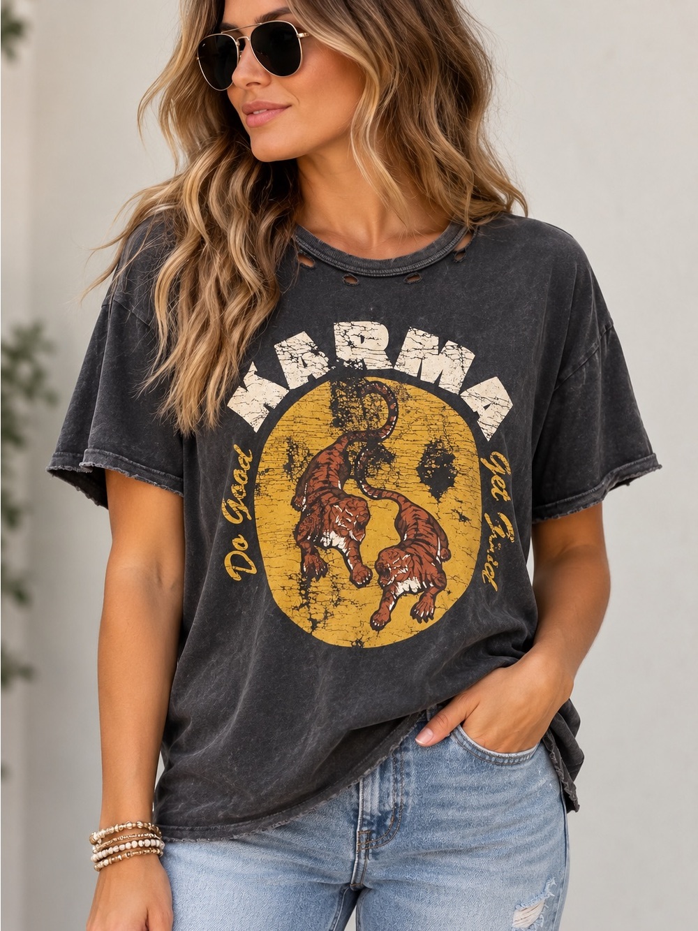 Vintage Canvas Karma Tiger Distressed Graphic Tee Charcoal Black Size M